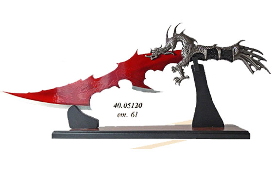 Coltello Fantasy Drago con lama rossa supporto in legno